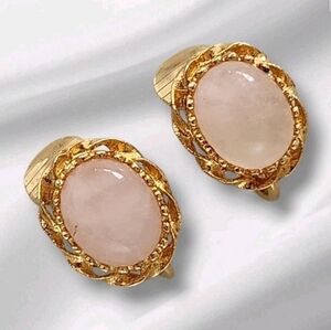 Vintage Signed "L" Lind 14K HGE Pink Stone Cabochon Dainty Clip On Earrings